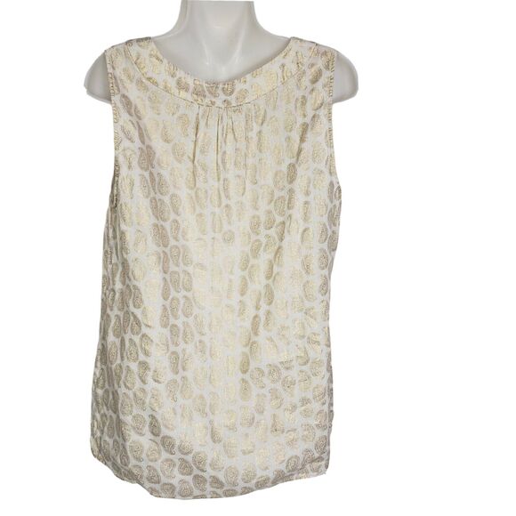 St. Tropez West Womens Tank Top Medium 100% Linen V Neck Ivory Gold Paisley - Picture 2 of 8